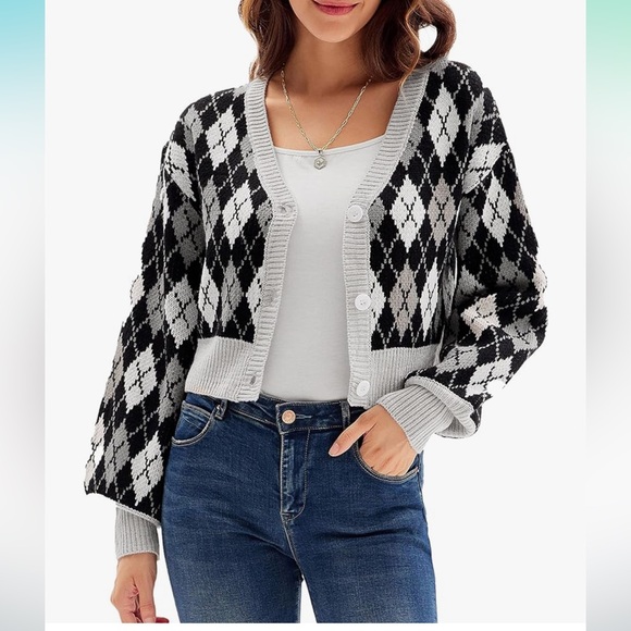 Plaid Long Sleeve Cropped Cardigan V-Neck Button Down Open Front Ribbed Knit - Picture 4 of 6